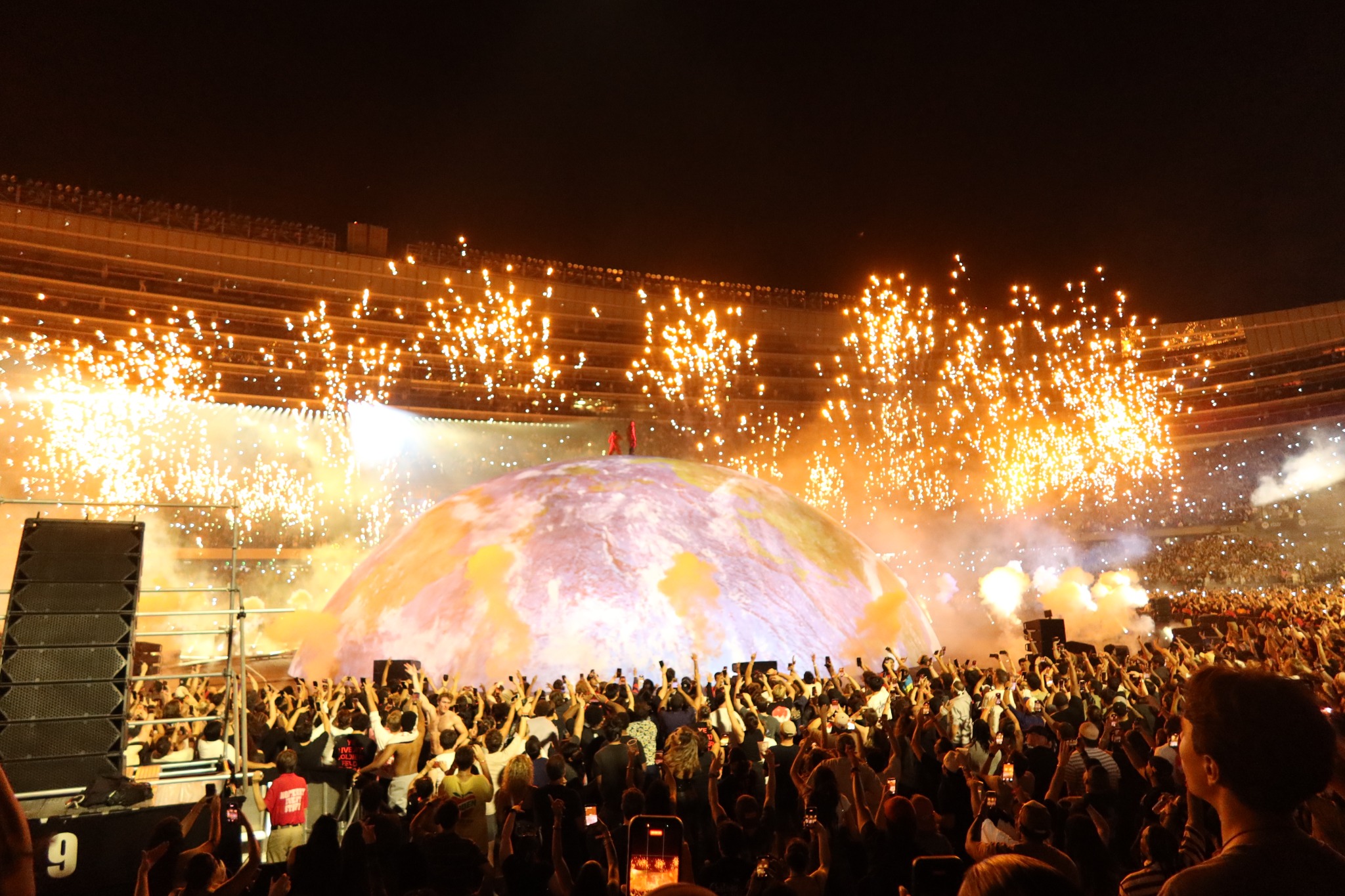 Fireworks filling the stadium above the Chicago dome